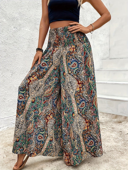 Women's Bohemian Wide Leg Pants High Waist Elastic Waist Paisley Floral Print Casual Flowy Trousers Spring Summer Fall S M L XL Multicolor