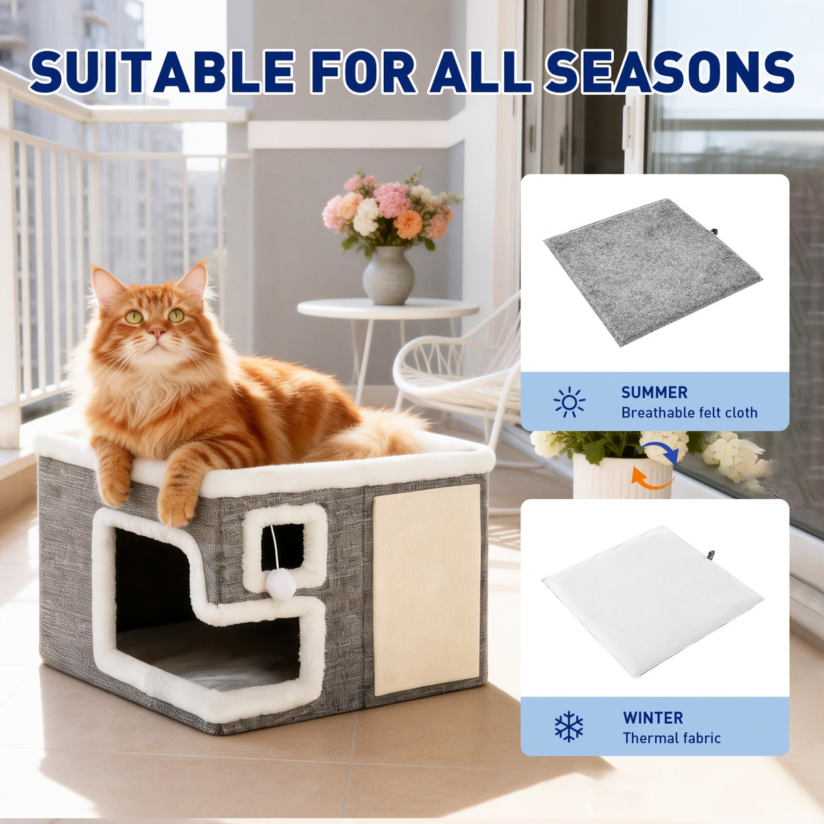 Maison pour chat 3-en-1 d'intérieur – Ottoman luxueux en bois pour dormir, jouer et faire ses griffes, cube refuge pour chats, adapté aux foyers multi-chats, gris clair, taille standard et grande