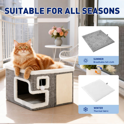 Maison pour chat 3-en-1 d'intérieur – Ottoman luxueux en bois pour dormir, jouer et faire ses griffes, cube refuge pour chats, adapté aux foyers multi-chats, gris clair, taille standard et grande