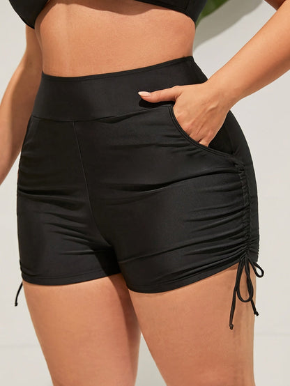 Short de bain taille haute pour femme, grandes tailles, style rétro, extensible, couleur unie, cordon de serrage, poches latérales, lavable en machine, maillot de bain pour plage et piscine, 0XL-4XL, coupe élégante et confortable