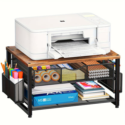 Support d'imprimante en métal pour bureau avec tiroir de rangement et 2 porte-stylos – Organisateur de bureau à 2 niveaux pour bureau à domicile, table d'imprimante polyvalente pour télécopieur, scanner et dossiers, bois et noir
