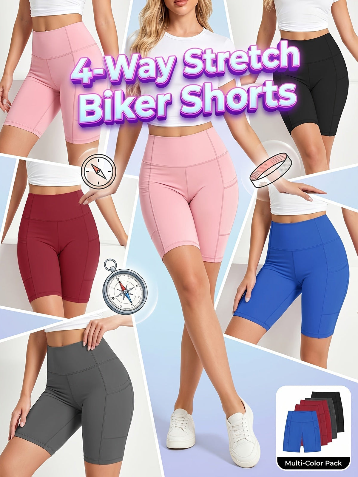 Lot de 5 shorts de cyclisme taille haute pour femme avec poches – Shorts de sport pour yoga, gym et running, tissu polyester extensible, tailles M à XXL, ensemble aux couleurs variées pour femmes actives