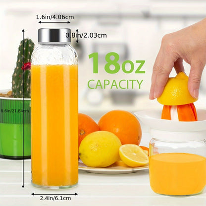 Lot de 6 bouteilles d'eau en verre de 530 ml avec couvercles, bouteilles à jus réutilisables sans BPA avec bouchons en acier inoxydable, contenants 100 % étanches pour réfrigérateur, smoothies et boissons, inclut brosse de nettoyage et entonnoir