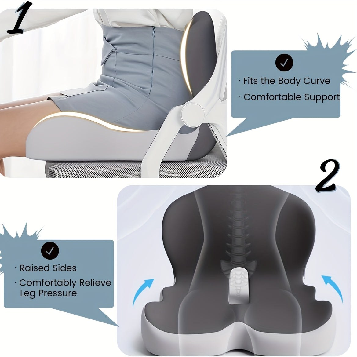 Coussin de siège ergonomique en mousse à mémoire de forme avec soutien lombaire – Coussin antidérapant pour chaise de bureau, fauteuil gaming et siège de voiture pour soulager les douleurs aux hanches et au coccyx, confort prolongé en position assise