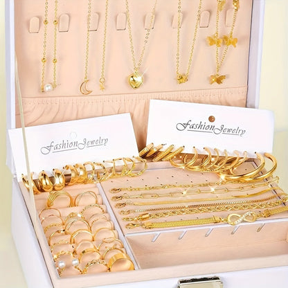 Ensemble de 57 bijoux bohèmes pour femme - Bracelets, bagues, bracelets de cheville, boucles d'oreilles et colliers, accessoires élégants en superposition dorés et argentés pour le quotidien, les vacances, la plage, les festivals et comme cadeau