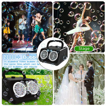 Machine à bulles automatique améliorée, conception épaissie à 2 ventilateurs, plus de 20 000 bulles par minute, sur secteur ou sur piles, souffleur de bulles portable pour intérieur et extérieur pour fêtes d'anniversaire, mariages, enfants, blanc noir