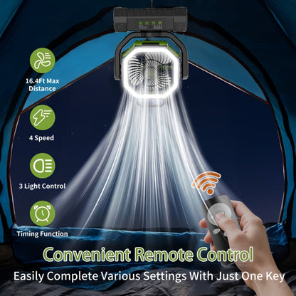 Ventilateur de camping à batterie 20 000 mAh, autonomie 59 h – Ventilateur oscillant portable rechargeable avec télécommande, 4 vitesses, éclairage LED et crochet pour tente, extérieur, terrasse, garage, coupure de courant ou ouragan