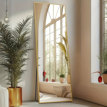 Miroir sur pied pleine longueur avec lumières LED - Sommet arqué et rectangulaire, cadre en aluminium, miroir habillage sur pied de 180 cm pour chambre et salon, noir or blanc, verre trempé de 5 mm