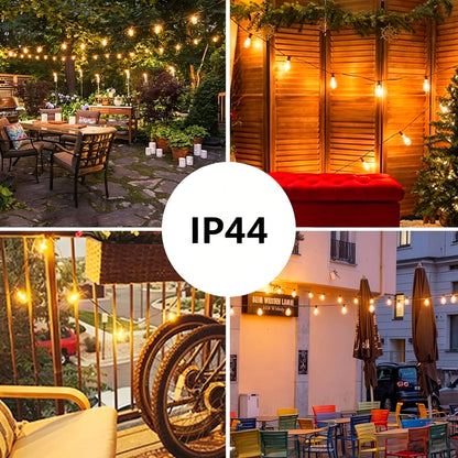 Guirlande lumineuse LED solaire étanche pour extérieur 15 m & 30 m – Ampoules ST38 incassables et intensité réglable, chargement USB-C & solaire, 4 modes, pour terrasse, jardin, piscine, mariage, camping et décoration de Noël