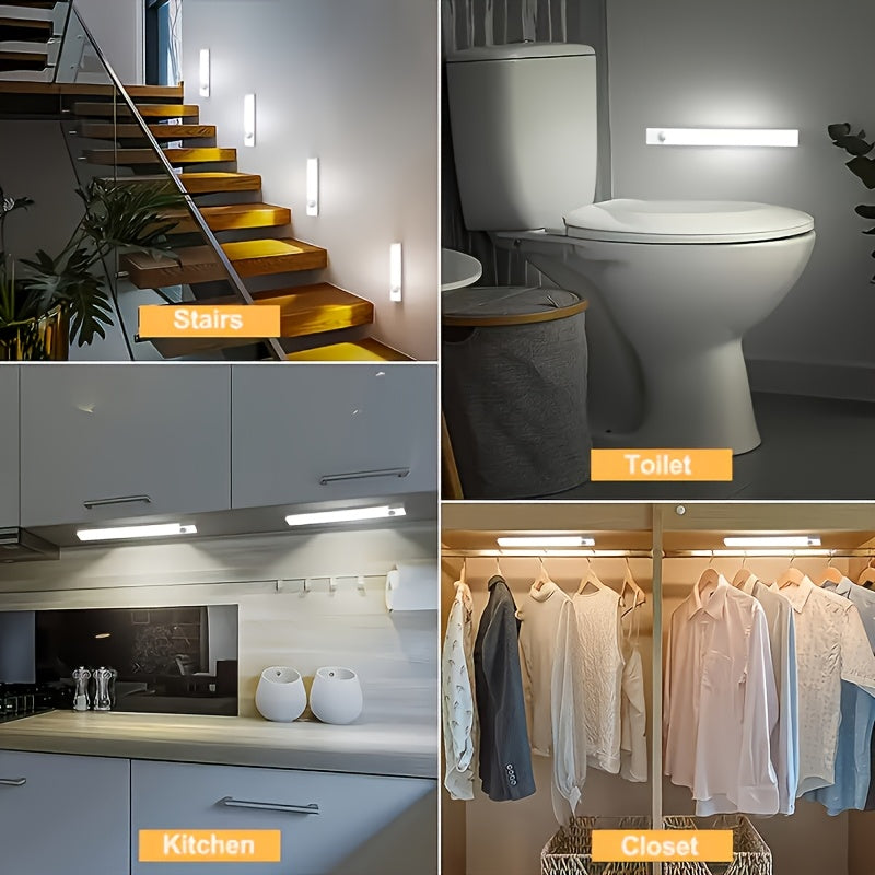 Lot de 3 et 6 éclairages LED pour placards avec détecteur de mouvement et recharge USB-C – Veilleuse magnétique sans fil sous meuble avec 3 modes pour cuisine, placard, escaliers, couloir et salle de bain, 10 cm/20 cm/30 cm