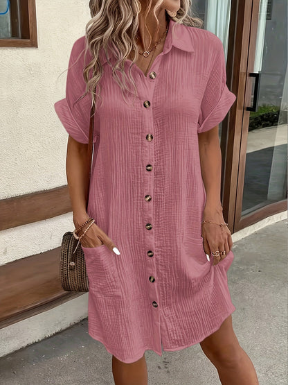 Robe chemise boutonnée unie pour femme – Robe tunique rétro décontractée à revers respirante pour un usage quotidien en toute saison