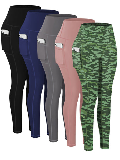 Lot de 5 pantalons de yoga de compression à motifs pour femmes – Leggings de fitness 7/8, coupe cheville, à motifs léopard, camouflage et unis, bas de survêtement de sport taille haute pour la gym, S-XXL