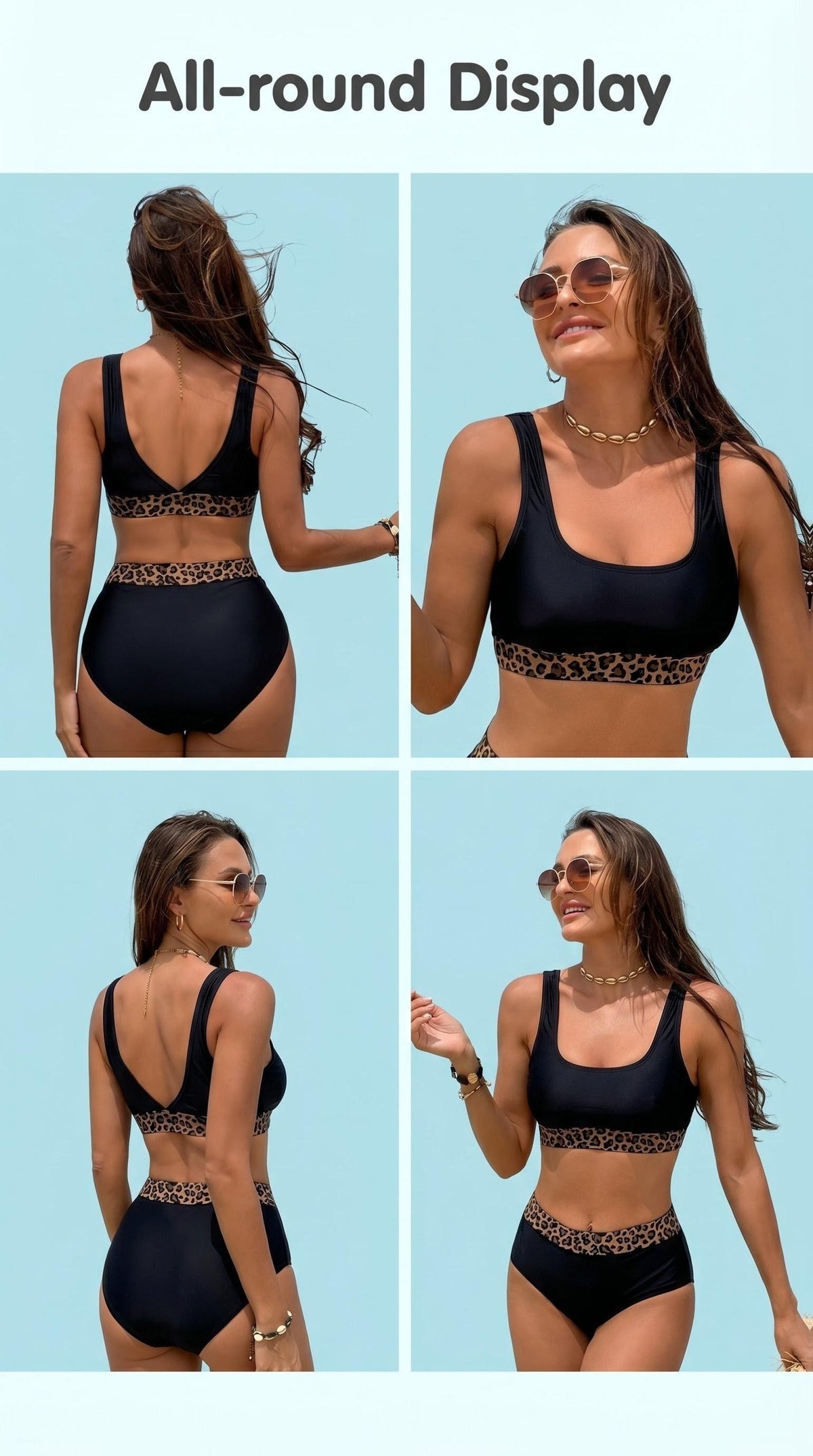 Ensemble bikini taille haute pour femme, imprimé léopard, haut court color-block, décolleté carré, maillot de bain 2 pièces rétro sexy, tenue de bain amincissante pour la plage, la piscine et les vacances, S-XL