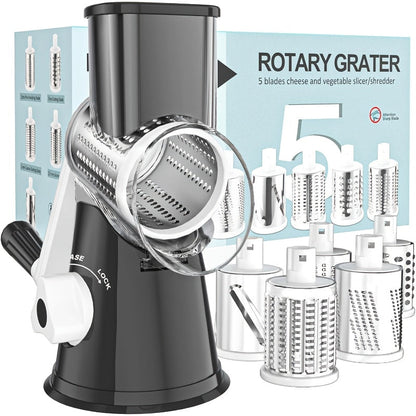 Râpe à fromage rotative manuelle avec 3 lames interchangeables - Base à ventouse antidérapante, brosse de nettoyage incluse, pour fromage frais, légumes et noix, cadeau d'ustensile de cuisine