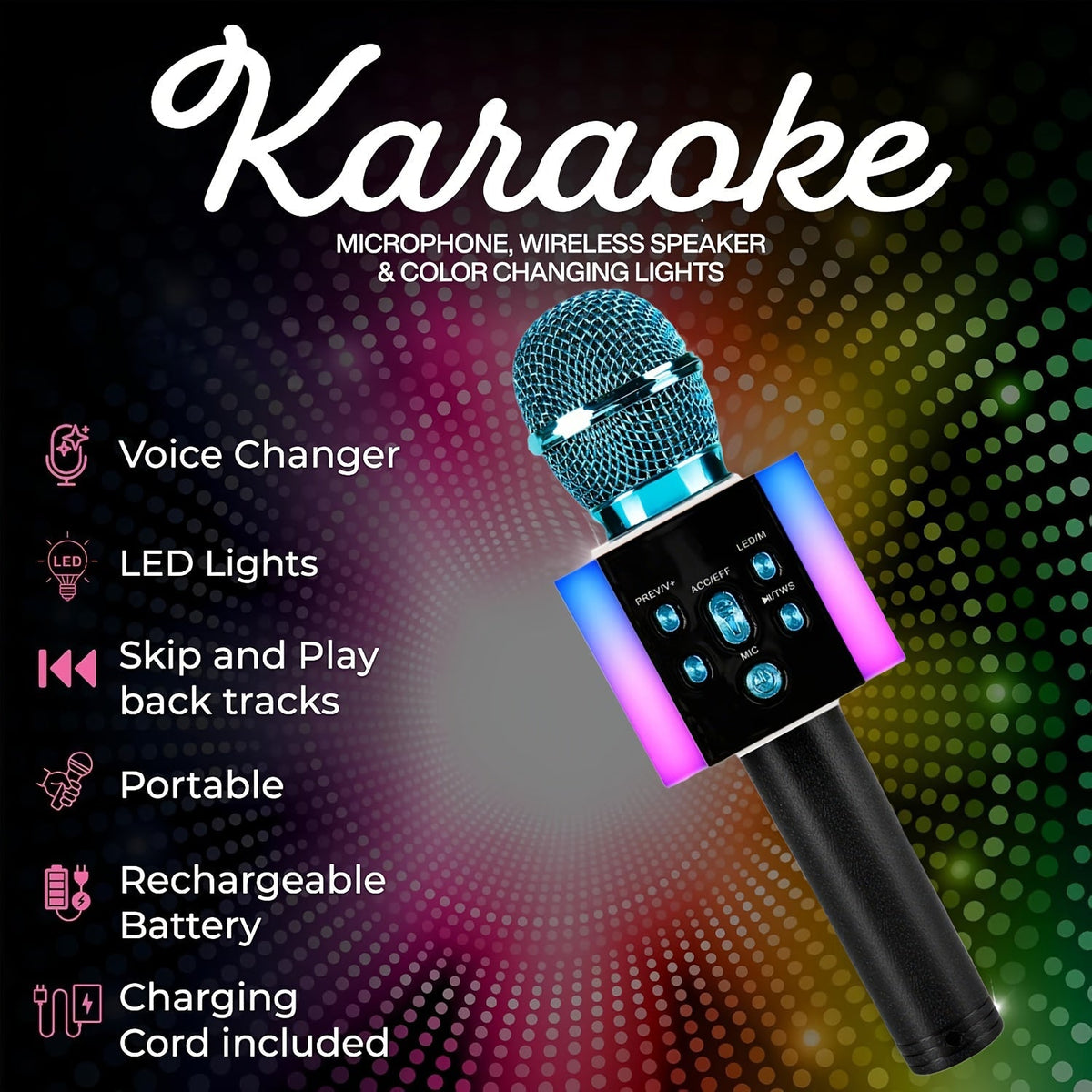 Microphone karaoké sans fil 5-en-1 avec haut-parleur intégré, lumières LED et changeur de voix – Micro de chant Bluetooth portable pour fêtes, réunions de famille, voyages et activités en plein air, 10 couleurs