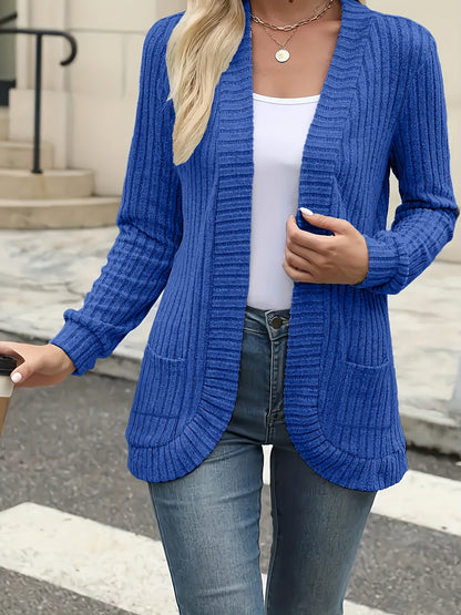 Women's Elegant Front Open Sweater Cardigan Long Sleeve Pleated Detail Solid Color - Soft Suede Feel Layering Piece for Fall Winter Office Casual Daily Wear