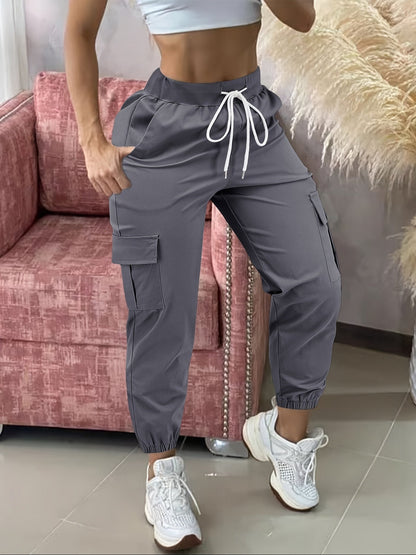 Pantalon cargo femme, taille cordon de serrage, poches multiples, ourlet effiloché, confort toute saison, coupe décontractée, tenue décontractée - Noir Kaki Olive Gris Marine Gris foncé S M L XL XXL Tissu extensible tissé
