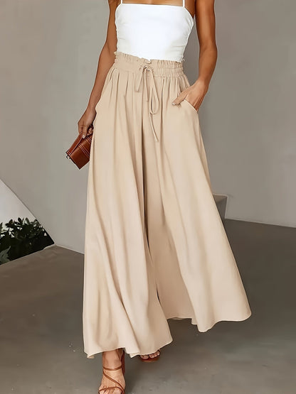 Women's High-Waist Wide-Leg Pants – Elegant Loose Fit Solid Color Flowy Trousers with Pockets for Spring Summer Office Casual