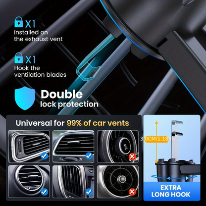Car Phone Holder Air Vent Mount with Upgraded Metal Hook – Universal Fit for All Smartphones, 360° Rotation, Secure Grip Cell Phone Car Mount for iPhone, Samsung, Android & More, Easy One-Hand Installation