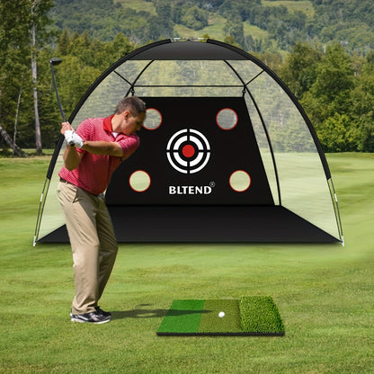 Filet de pratique de golf 10x7 pi avec tapis, balles, tees et sac de transport – Filet de frappe robuste pour jardin, sous-sol et usage intérieur/extérieur, équipement d'entraînement de golf, cadeau pour hommes et femmes