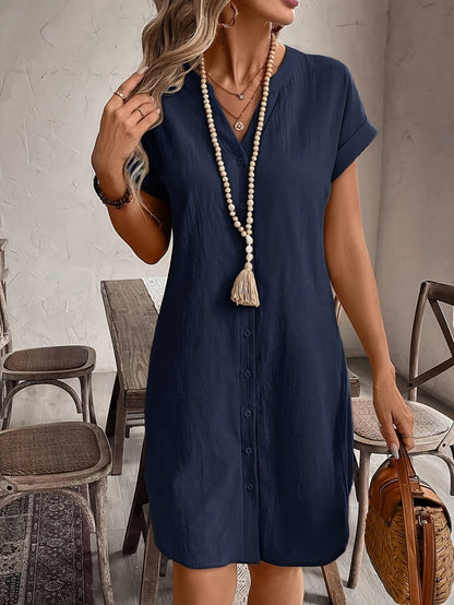 Robe chemisier décontractée à col en V pour femme, coupe ample et boutonnée – Élégante robe d'été unie disponible en 9 couleurs pour le quotidien et les vacances