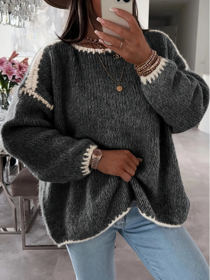 Pull-over femme à encolure bateau et blocs de couleur – Haut décontracté en maille contrastante, manches longues et coupe ample pour l'automne et l'hiver, style épaules dénudées, 7 couleurs, tailles S à XXL, pull doux et confortable pour le quotidien