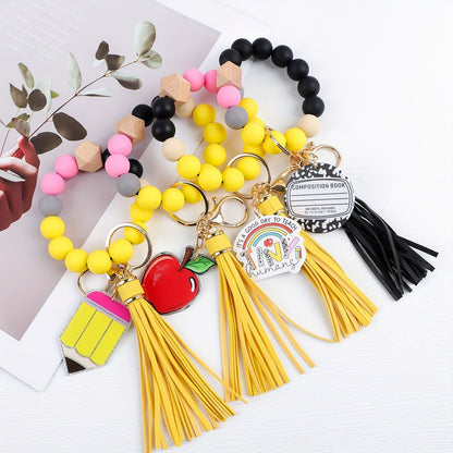Ensemble cadeau de 4 porte-clés à perles pour enseignant – Porte-clés artisanaux avec breloques crayon, pomme, carnet et mot « TEACH », fermoir mousqueton, cadeau pour la fête des enseignants, remise de diplôme ou rentrée scolaire, pendentif pour sac