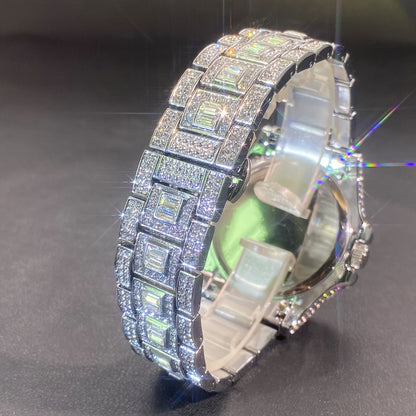 Montre à quartz de luxe avec strass pour hommes et femmes – Montre hip-hop étanche avec date automatique en or et argent, cadran en zircon cubique scintillant, parfaite pour les fêtes et le quotidien