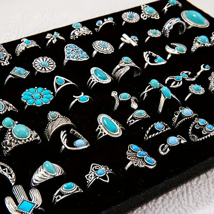 Lot de 44 bagues vintage turquoise style bohème pour femmes – Ensemble de bagues empilables style bohème pour le quotidien, les vacances, les fêtes et les cadeaux de fêtes