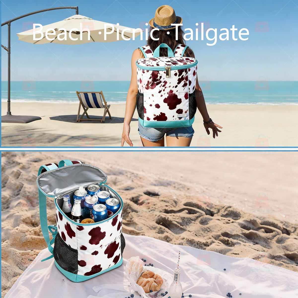 Sac à dos glacière isotherme 30 canettes motif léopard avec poches en filet et bretelles réglables - Sac glacière en nylon étanche pour la plage, le camping, le pique-nique, la randonnée, les voyages et l'usage quotidien