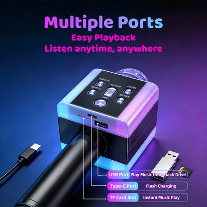 Microphone karaoké sans fil 5-en-1 avec haut-parleur intégré, lumières LED et changeur de voix – Micro de chant Bluetooth portable pour fêtes, réunions de famille, voyages et activités en plein air, 10 couleurs