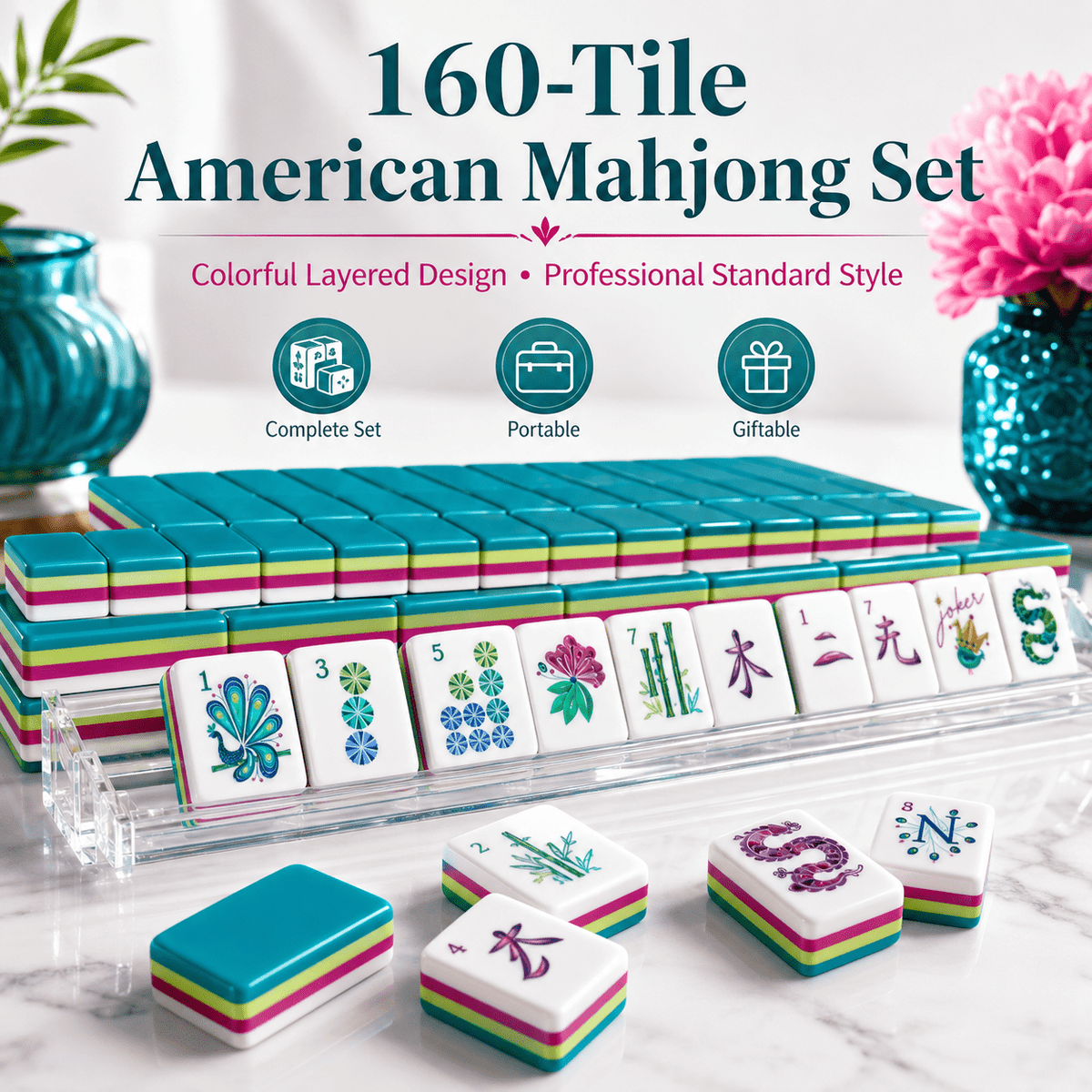Jeu de mah-jong américain de 160 tuiles avec 4 dés et illustrations de paon – Tuiles colorées, brillantes et superposées, jeu de société pour les soirées en famille, les fêtes entre amis, idée de cadeau de vacances pour adultes