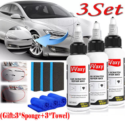 Kit de cire pour réparation des rayures de voiture, 3 ensembles – Effaceur professionnel de rayures profondes et rénovateur de peinture, lustrant longue durée pour tous véhicules, inclut 3 peintures + 3 éponges + 3 serviettes (50 ml chacun)