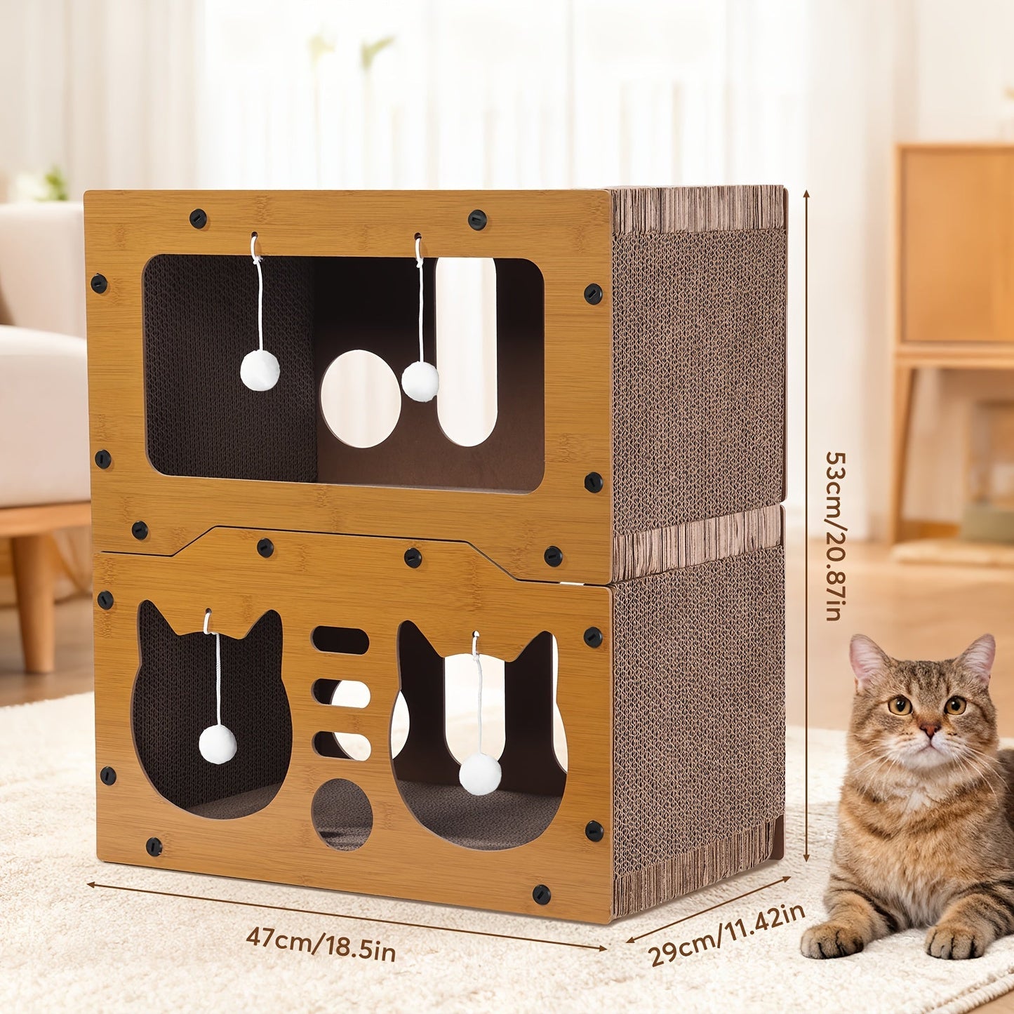 Cat Scratching Board House with Pompom Toy – Large Cardboard Cat Bed & Hideout, Holds Up to 25 Lbs, Multi-Cat Friendly, Easy Assembly, Scratch-Resistant Cat Furniture Gift for Pet Lovers