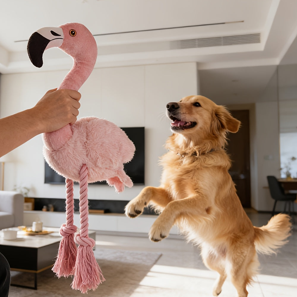 Jouet pour chien Flamingo avec couineur - Peluche double épaisseur résistante aux déchirures avec couineur intégré, corde et pompons, grand jouet interactif à tirer et à mâcher pour soulager l'anxiété, l'hygiène dentaire, chiots et chiens adultes