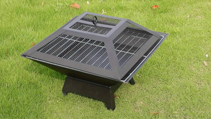 Brasero d'extérieur de 18,5 pouces, foyer robuste à bois avec grille de barbecue, cendrier, couvercle ignifuge et tisonnier – Chauffage de terrasse pour camping, pique-niques et réunions