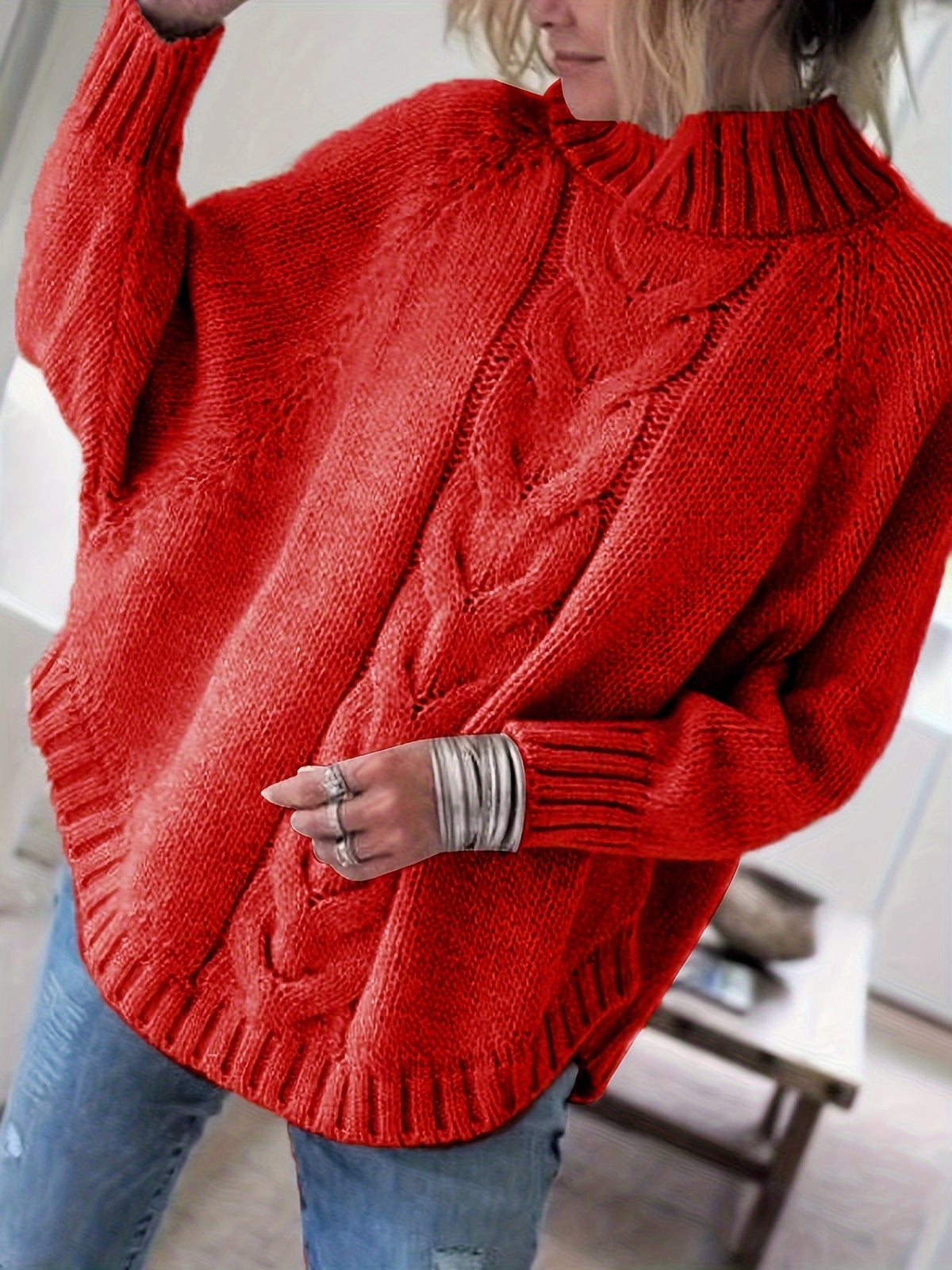 Pull col roulé oversize en maille torsadée pour femme, gros tricot, coupe ample, ourlet évasé, pull d'hiver douillet, 5 couleurs, S-XXL