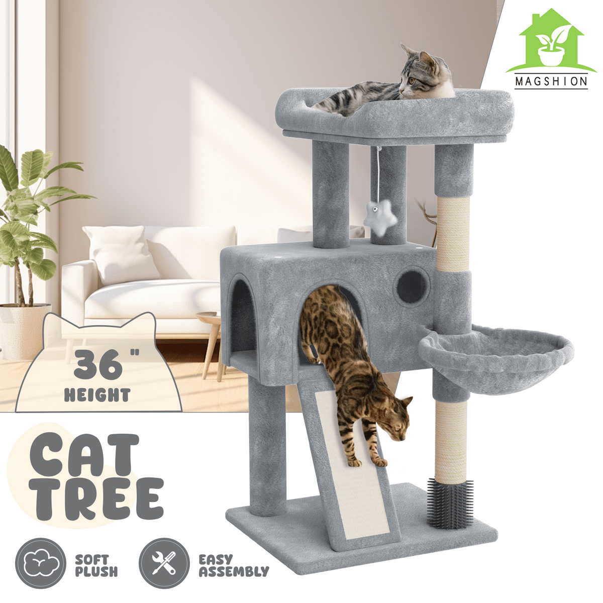 Arbre à chat multi-niveaux de 91 cm avec appartement, hamac, poteaux à griffer en sisal et jouets suspendus - Maison de jeux d'intérieur pour chats et chatons - Villa pour chat en peluche, gris clair et gris fumé