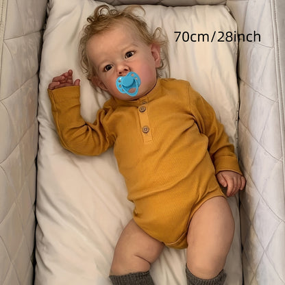 Poupée reborn de 70 cm, réaliste, corps en tissu et vinyle souple, faite à la main, nouveau-né fille avec cheveux implantés, biberon et tétine - BZDOLL Liam, poupée d'artiste pour enfant, cheveux blonds, cadeau