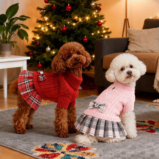 Robe-pull de Noël pour petit chien avec nœud papillon et col roulé, robe-pull en tricot chaud pour chiot avec trou pour laisse pour Chihuahua, Yorkshire, Havanais, Bichon – Vêtements d'hiver pour chien, tenue de fête de Noël pour animal de compagnie