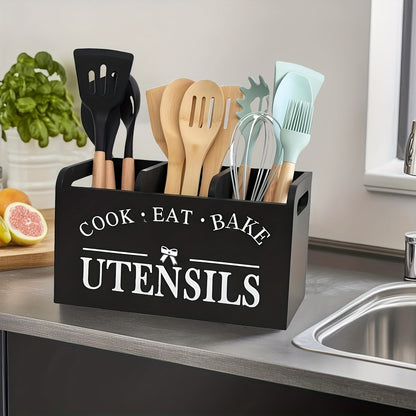 Organisateur d'ustensiles de cuisine rustique en bois avec poignée et 3 compartiments – Rangement pour comptoir ou mural pour outils de cuisine, de pâtisserie et de salle à manger – Rangement de cuisine style ferme en blanc et noir