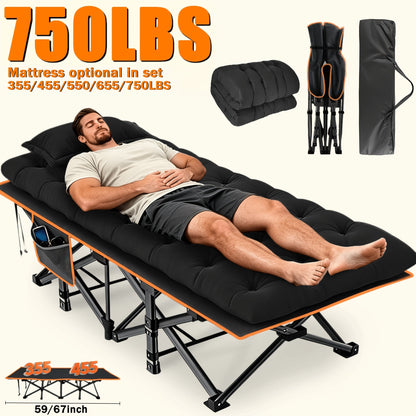 Lit pliant extra-large avec matelas – Lit de camp robuste de 170/190 cm, capacité de 340 kg, lit d'appoint pliable et portable pour adultes, voyage, camping, gris et noir