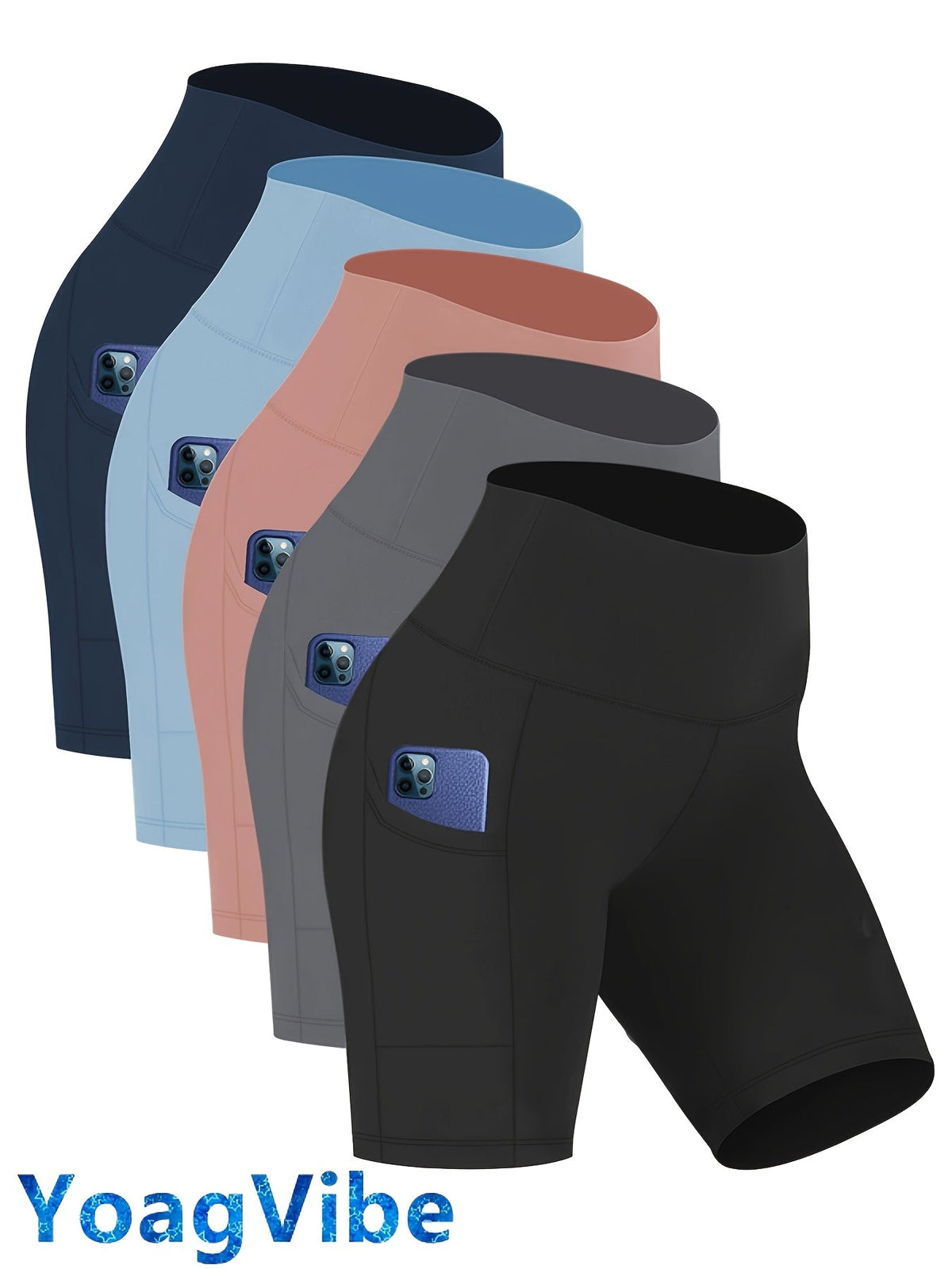 Short de yoga taille haute pour femme – Short de sport extensible 4 directions, anti-transpirant, avec ceinture élastique et poches latérales pour la course, le vélo et l'entraînement – Noir, gris foncé et bleu marine, tailles S-XXL