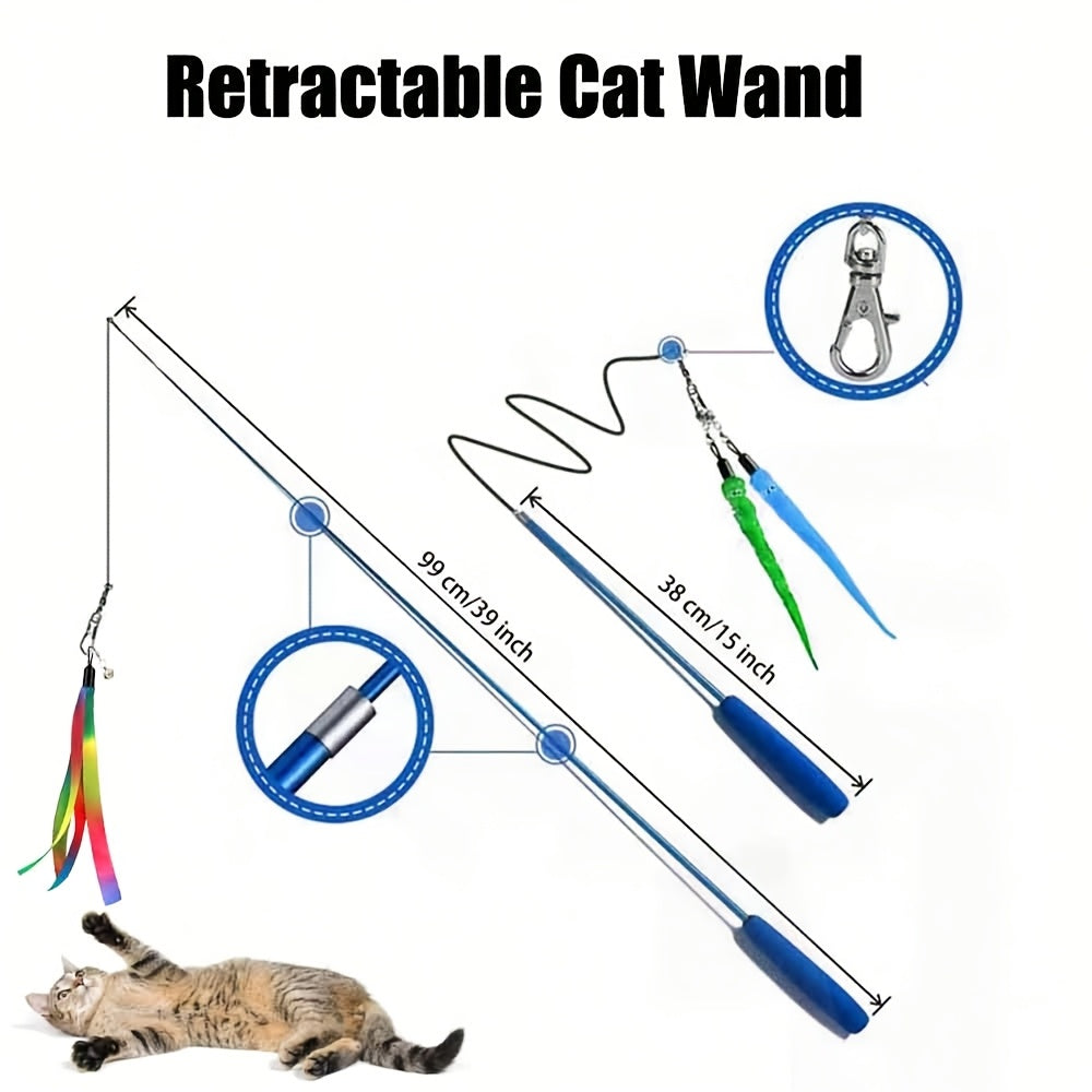 Ensemble de jouets interactifs pour chat – Canne télescopique avec 5 recharges de vers en peluche et 2 recharges à ruban, grelot détachable, sans pile, adapté à tous les chats et chatons (8 pièces)