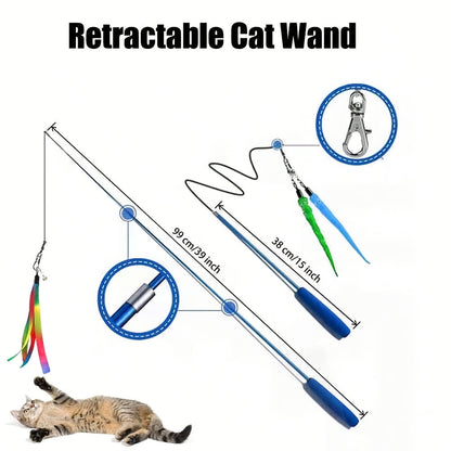 Ensemble de jouets interactifs pour chat – Canne télescopique avec 5 recharges de vers en peluche et 2 recharges à ruban, grelot détachable, sans pile, adapté à tous les chats et chatons (8 pièces)