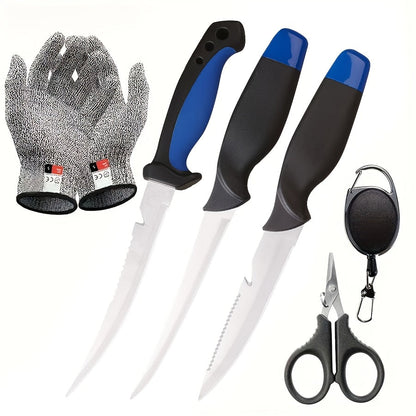 Ensemble de 3 couteaux de pêche avec lames en acier inoxydable, couteaux à fileter, désosser et vider avec gants résistants aux coupures, coupe-fil de pêche et cordon – Cadeau de pêche unique pour pêcheurs et campeurs