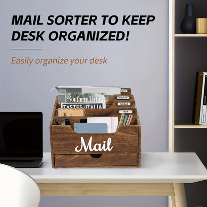 Grand organisateur de courrier de bureau en bois massif avec tiroir, 4 compartiments et séparateurs étiquetables pour dossiers, lettres et papier, organisateur de bureau pour bureau à domicile, étudiants et professionnels
