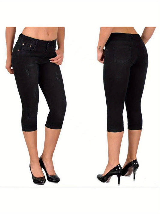 Women's Stretch Skinny Capri Jeans – Slim Fit Cropped Denim Pants with Elastic Waistband, Soft Machine Washable Fabric, Street Style Summer Casual, 3 Colors, Sizes S-XXL
