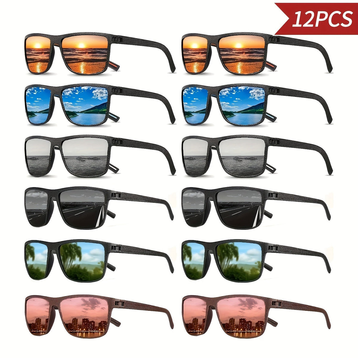 Lot de 12 paires de lunettes de soleil tendance pour hommes et femmes – Lunettes classiques à monture carrée rétro en polycarbonate, couleurs assorties, protection UV pour la plage, les activités en extérieur et le quotidien