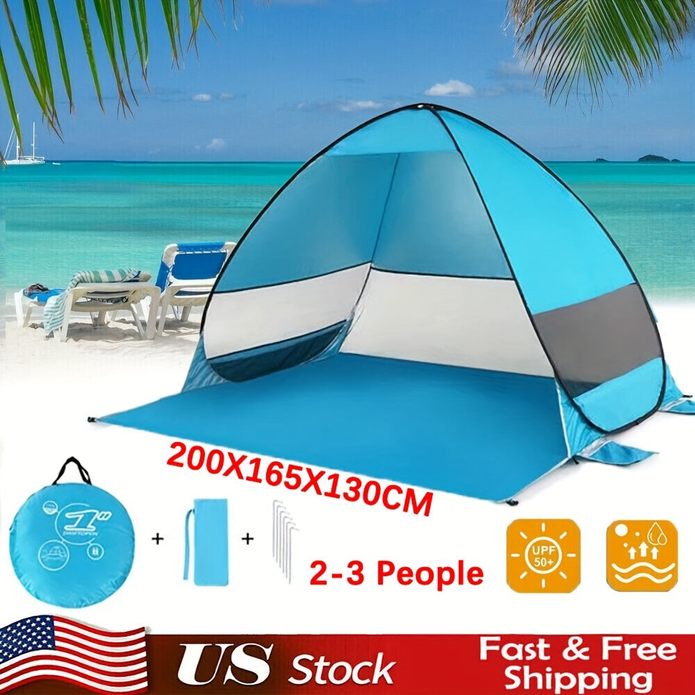 Tente de plage pop-up pour 2-3 personnes, abri solaire portable avec protection UV et revêtement argenté anti-UV, auvent de camping facile à monter avec sac de transport et piquets pour la plage, la pêche, la randonnée et le jardin, bleu et vert